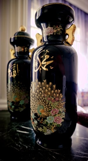 2 black gold and green floral vases set thumbnail