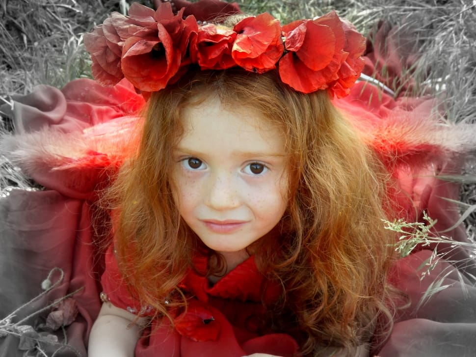 Girl, Red, Poppies, Red Hair, Camp, child, one girl only preview