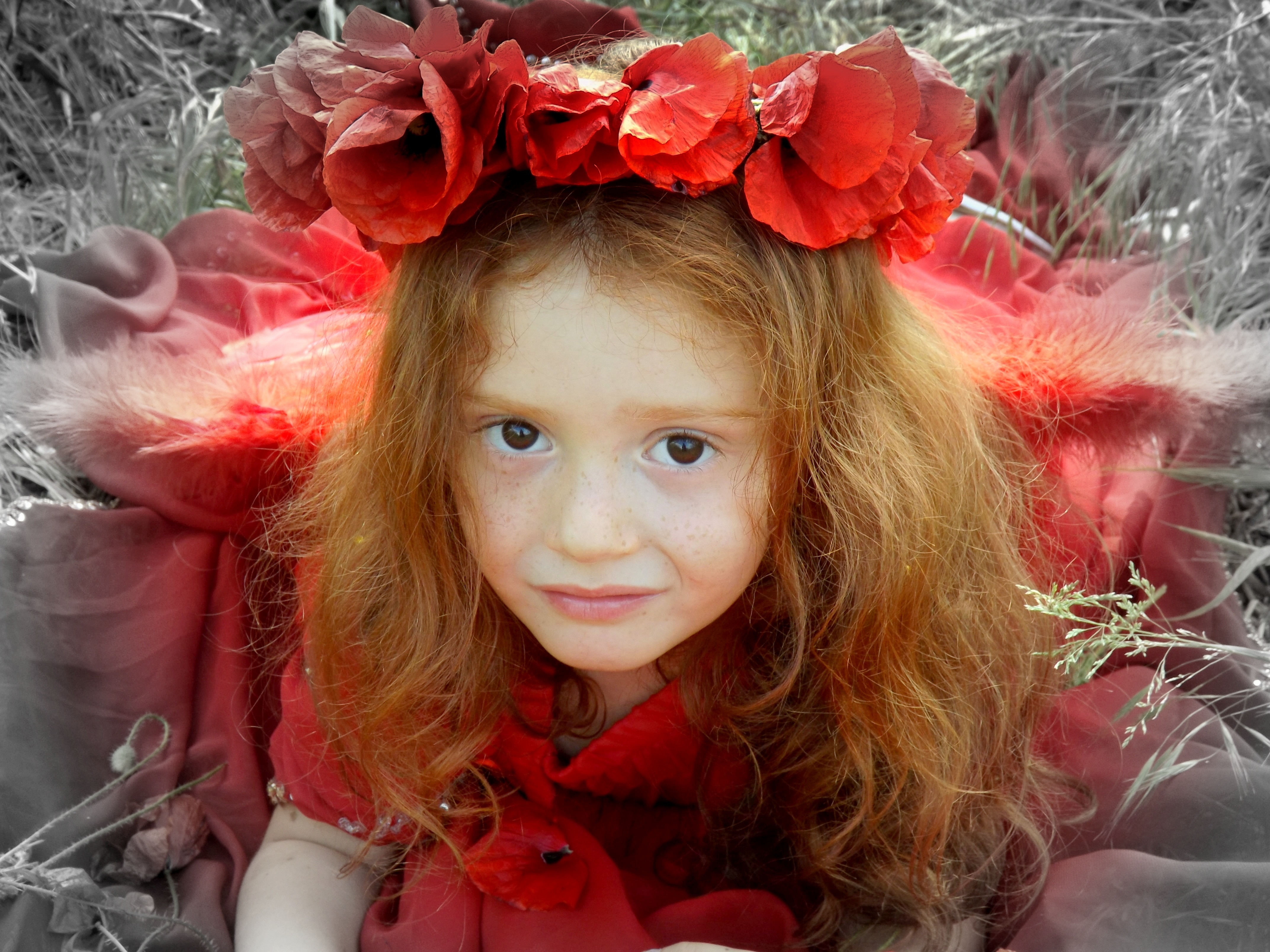 Girl, Red, Poppies, Red Hair, Camp, child, one girl only