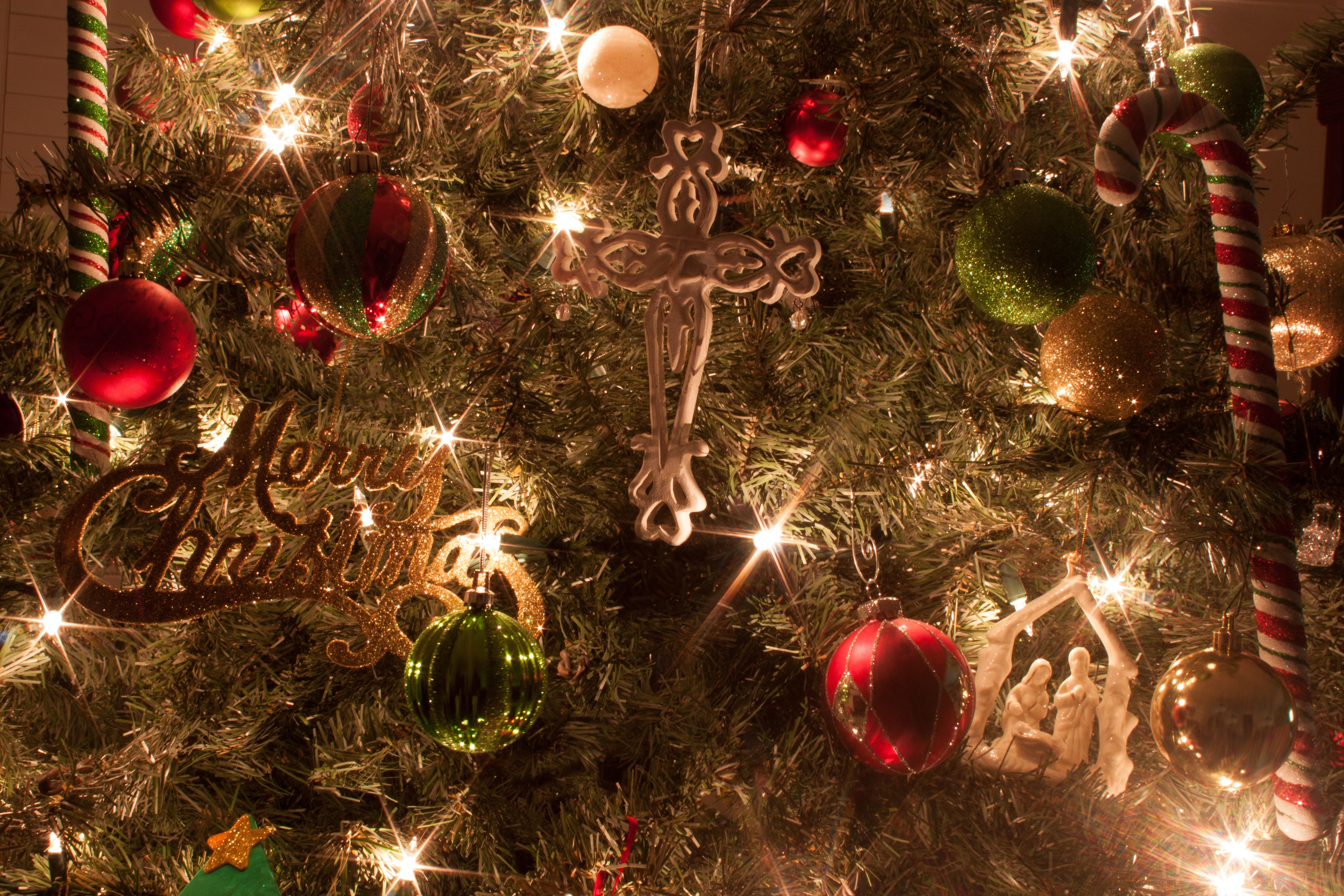 Ornaments, Christmas Tree, Cross, Manger, christmas, christmas decoration