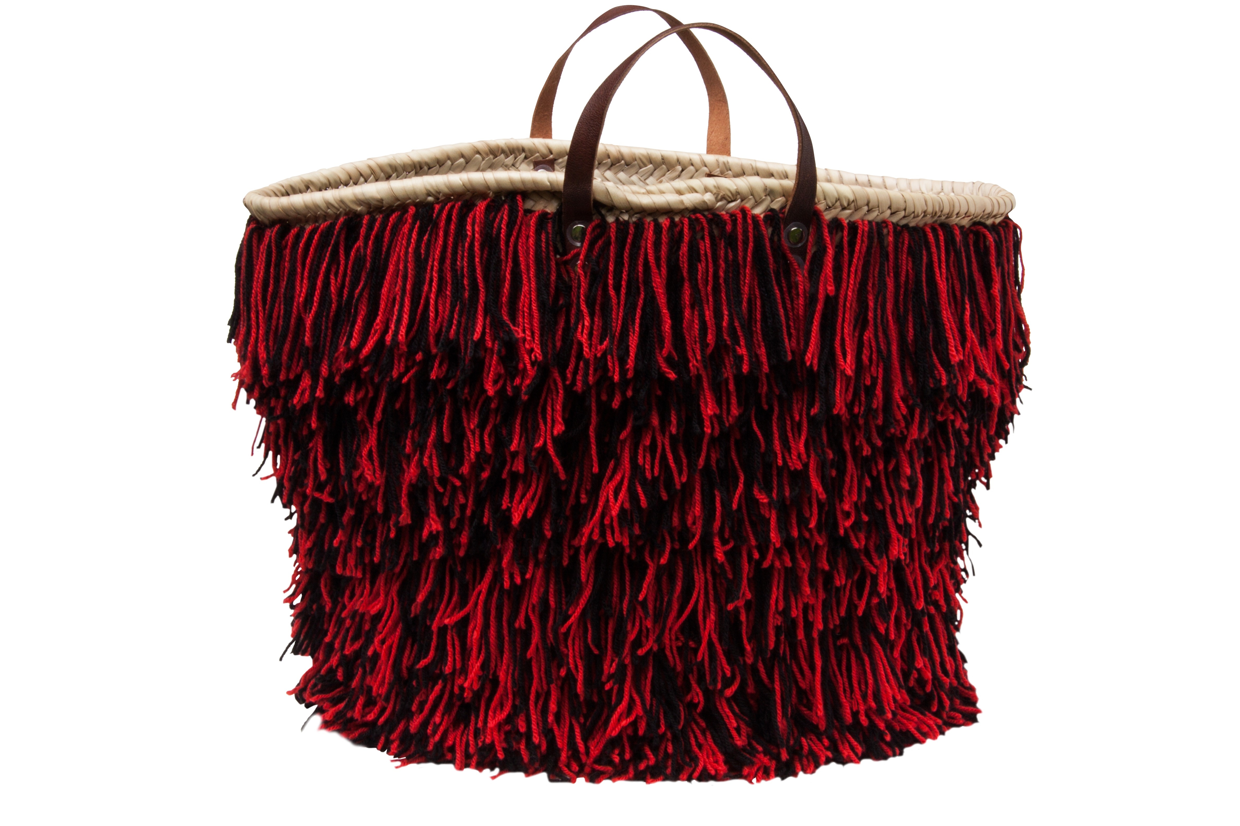 red and brown fringe bag