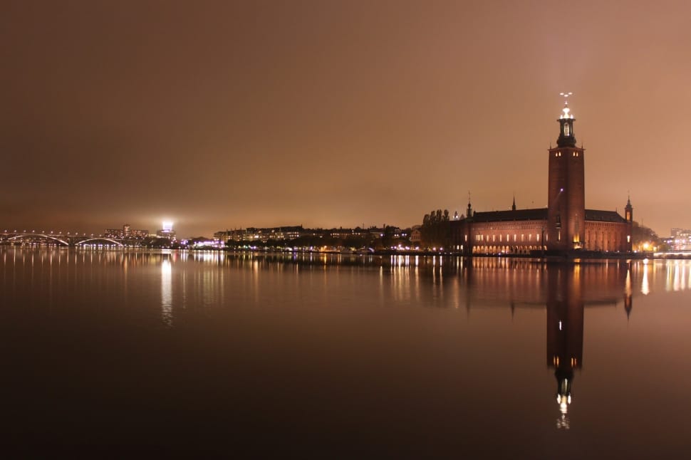 Stockholm, Sweden, City Hall, Night, illuminated, reflection preview