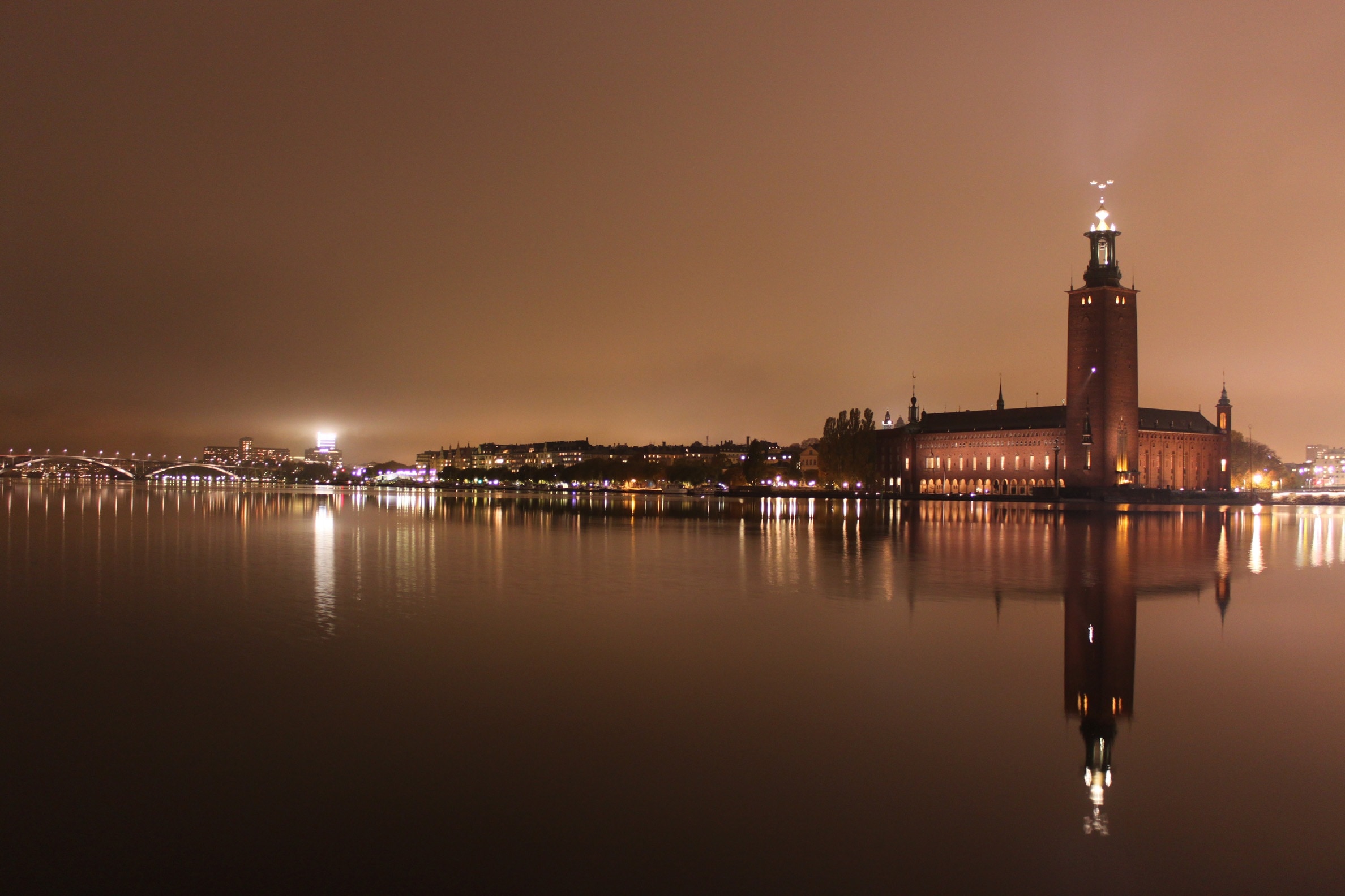 Stockholm, Sweden, City Hall, Night, illuminated, reflection