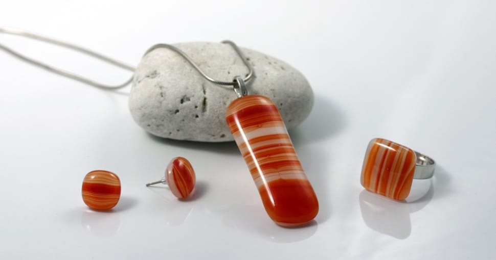 orange and white gemstone necklace, ring and earrings set preview