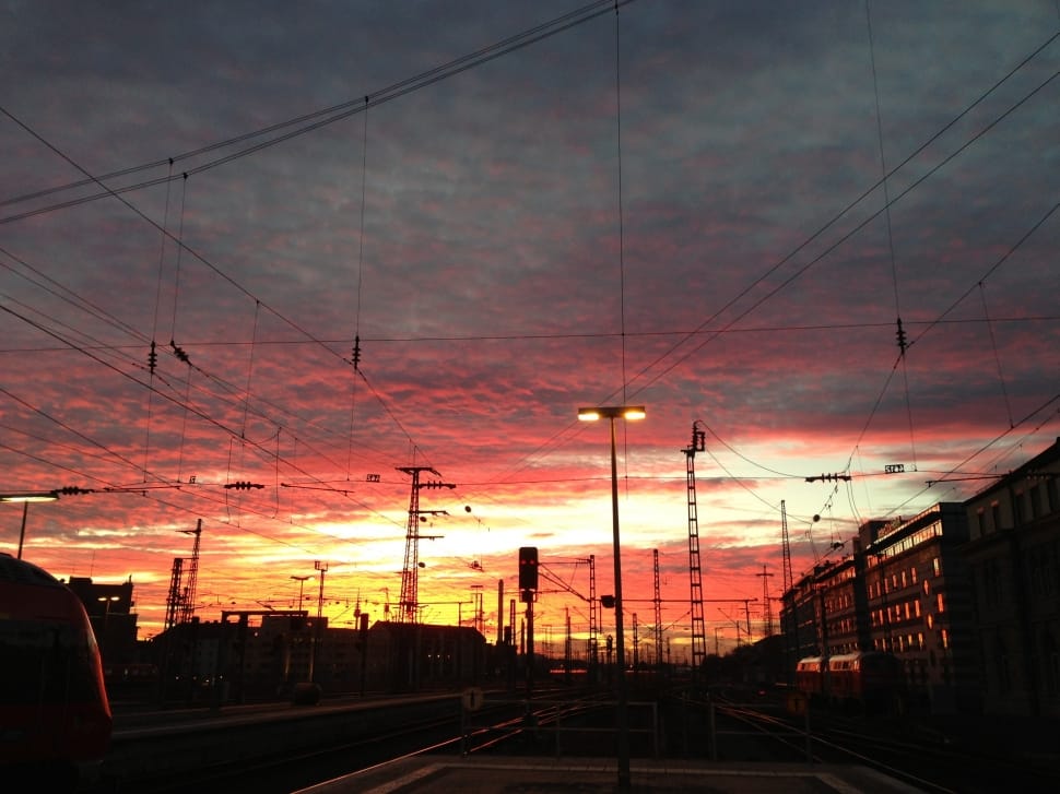 Sunset, Clouds, Railway Station, Train, sunset, electricity pylon preview