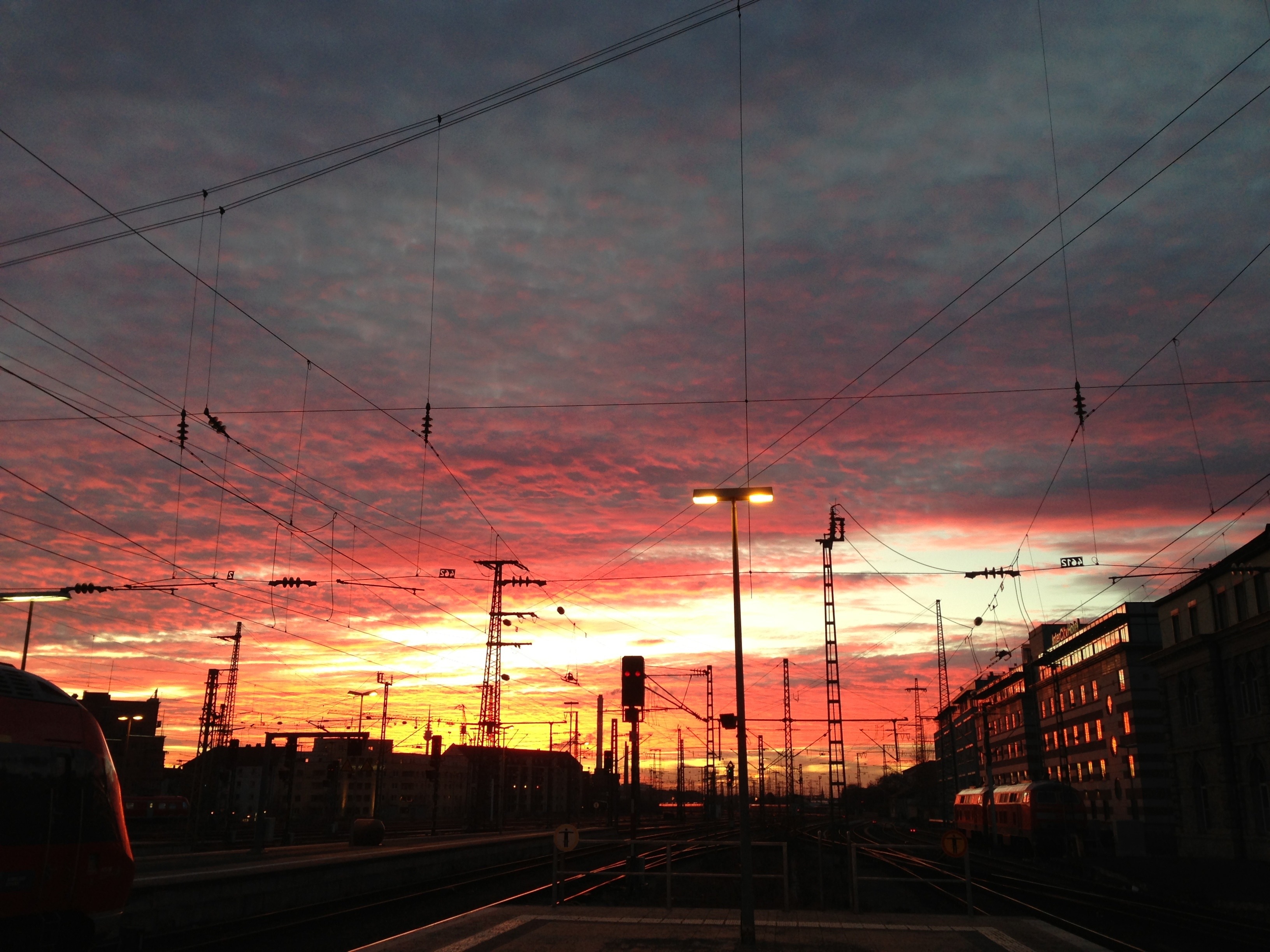Sunset, Clouds, Railway Station, Train, sunset, electricity pylon