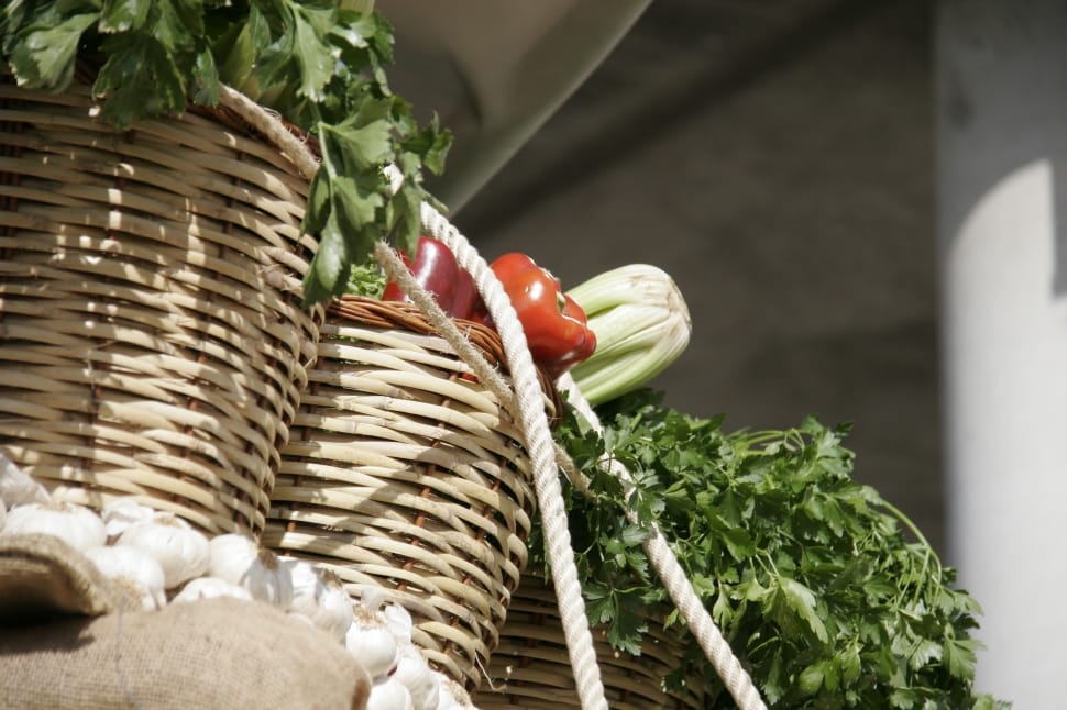close up photo of brown woven basket with vegetables preview