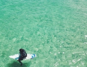 white blue surfboard and black wetsuit thumbnail