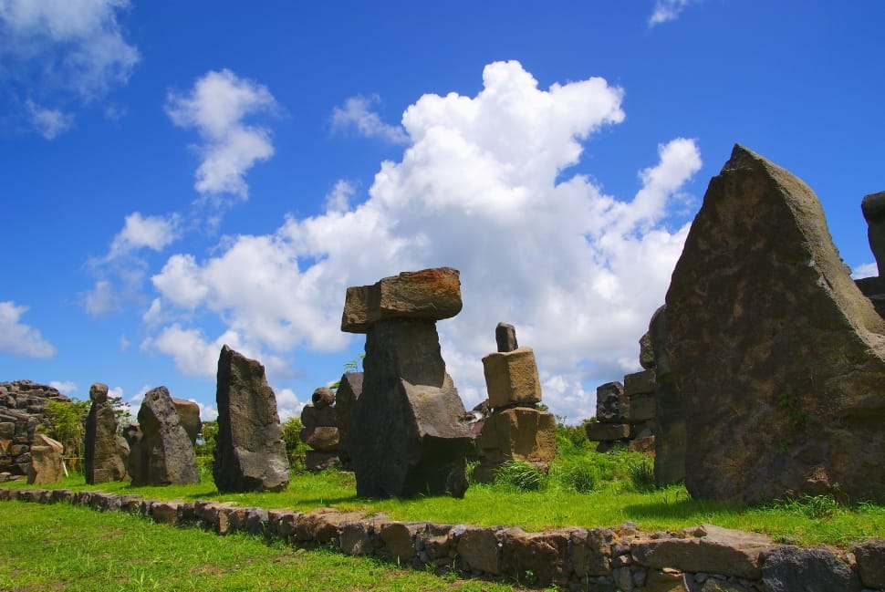 landscape photography of stone on green grass during cloudy sky preview