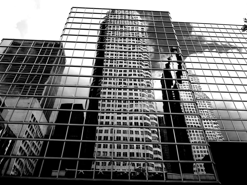 grayscale photography of curtain wall building preview