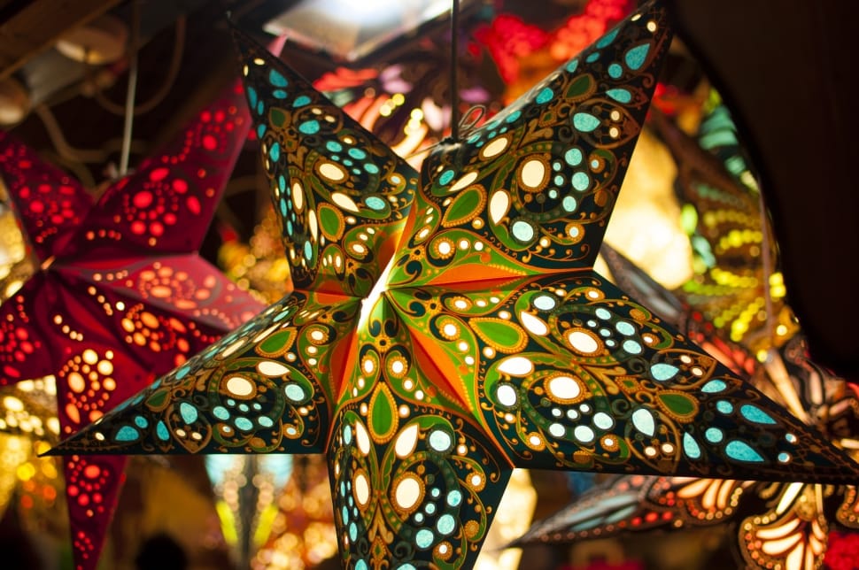 blue orange and green floral star lantern preview