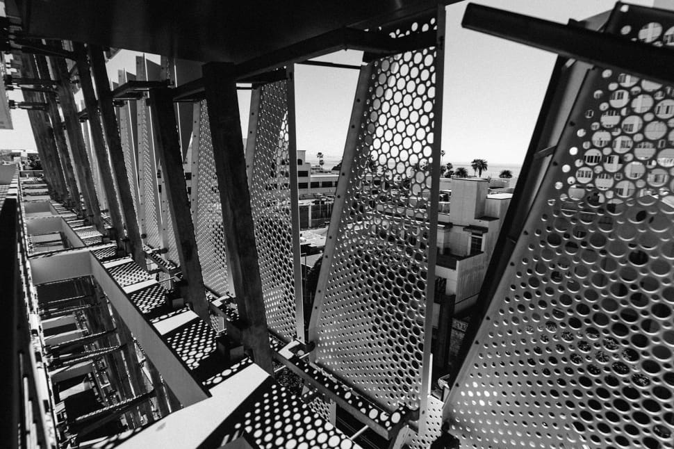 grayscale photo of metal bridge preview