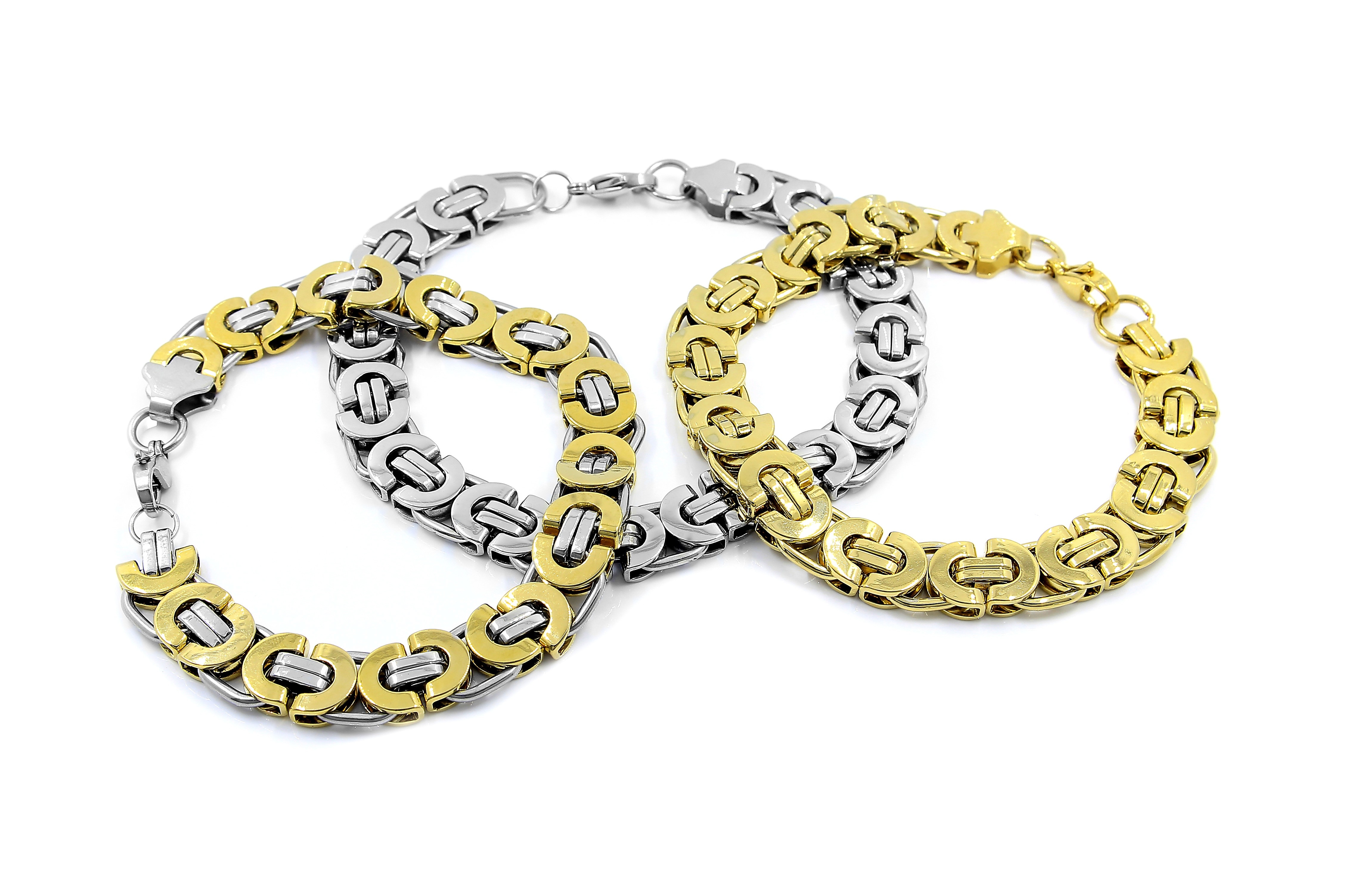 3 gold and silver chain link bracelets