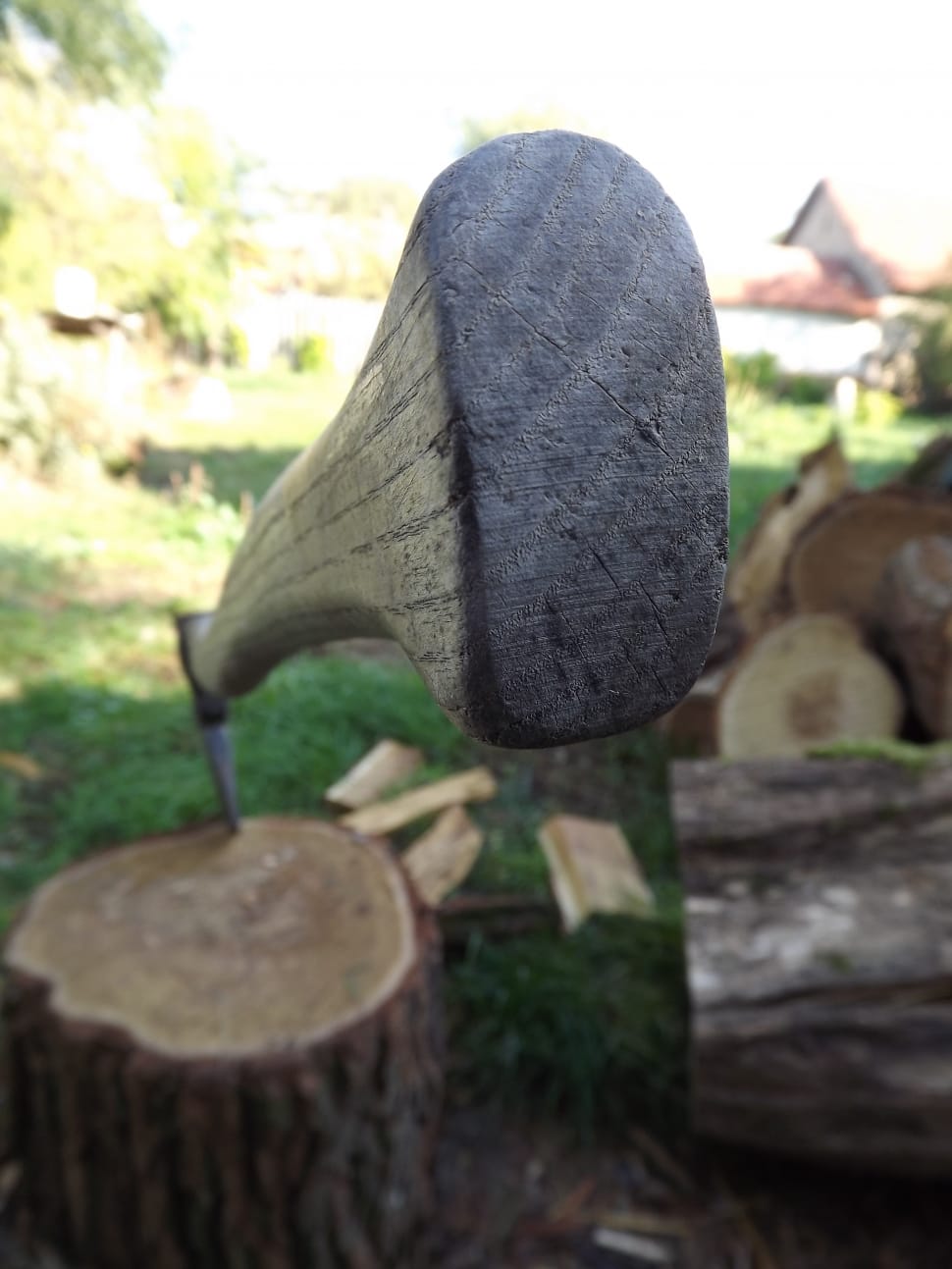 black wooden handle axe on brown wooden firewood preview