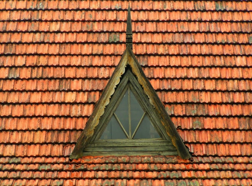 brown wooden framed clear glass triangular attic window preview