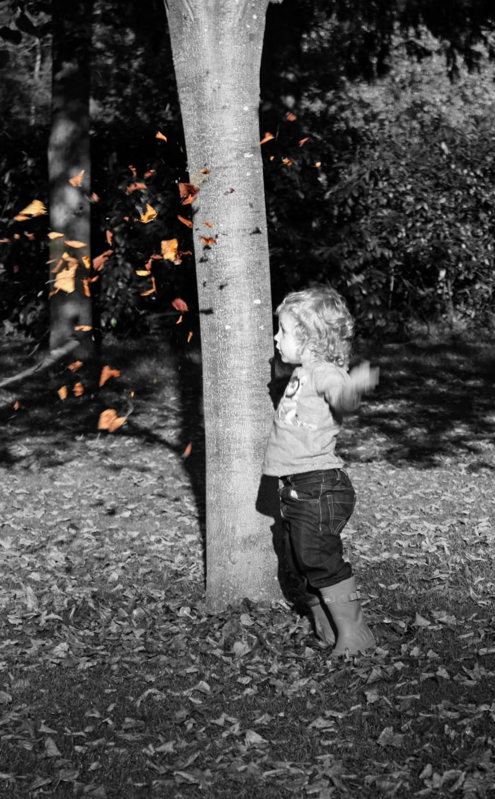 girl in black denim jeans playing with leaves preview