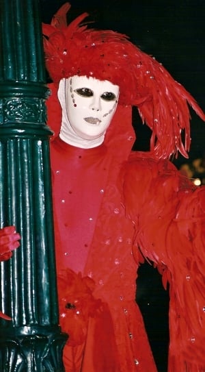person wearing red feathered costume thumbnail