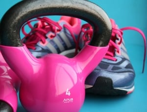two purple and black 4 lbs. kettle bells and pair of adidas shoes thumbnail