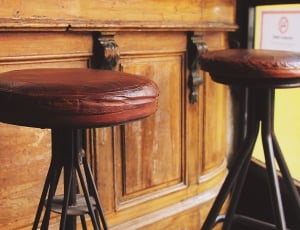 gray metal base brown leather round bar stool thumbnail
