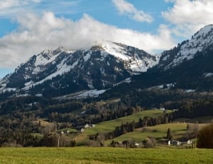 green field with view of snow coated mountain thumbnail