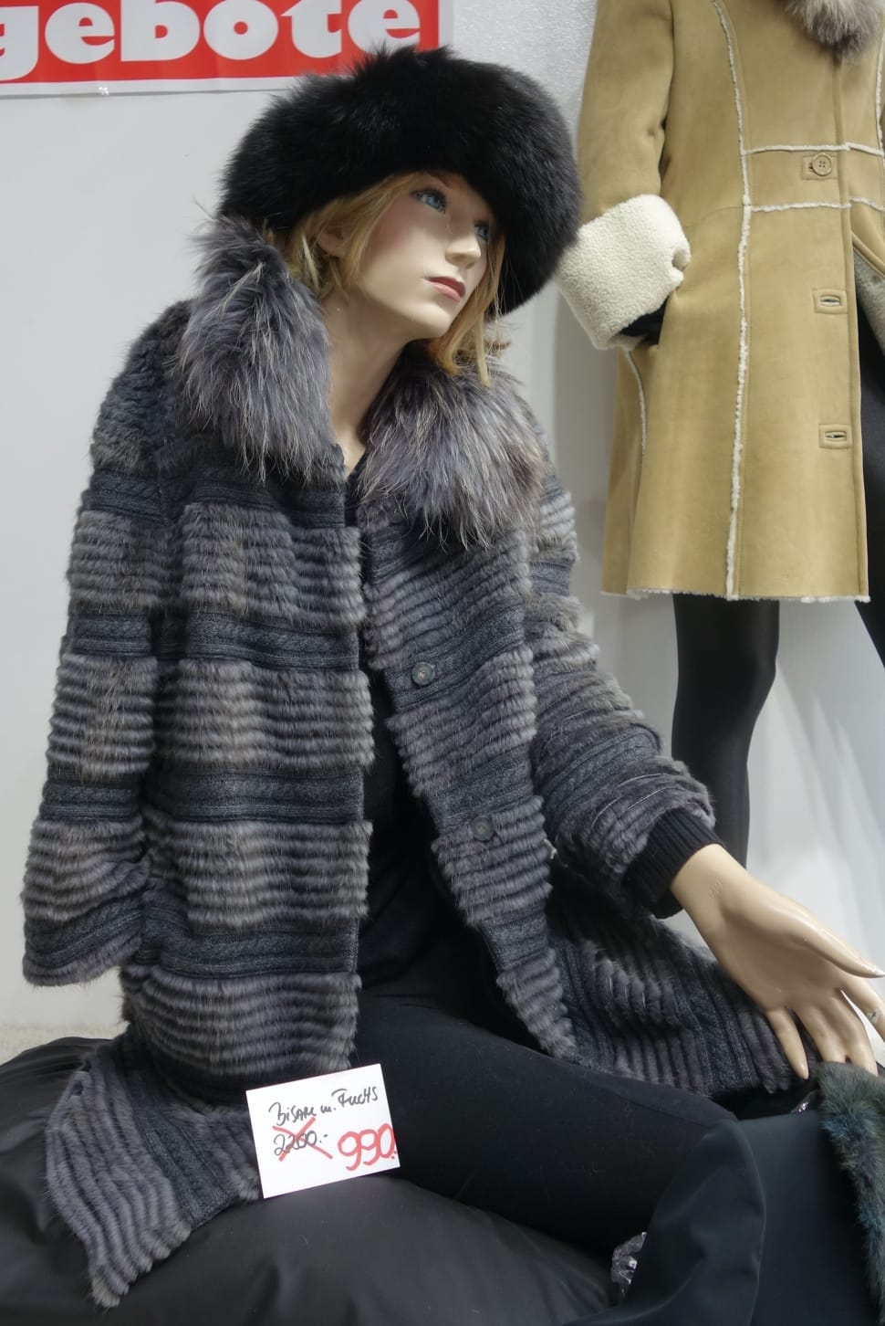 women's grey and black knit faux fur collared coat preview