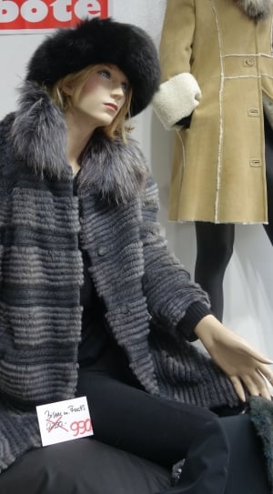 women's grey and black knit faux fur collared coat thumbnail