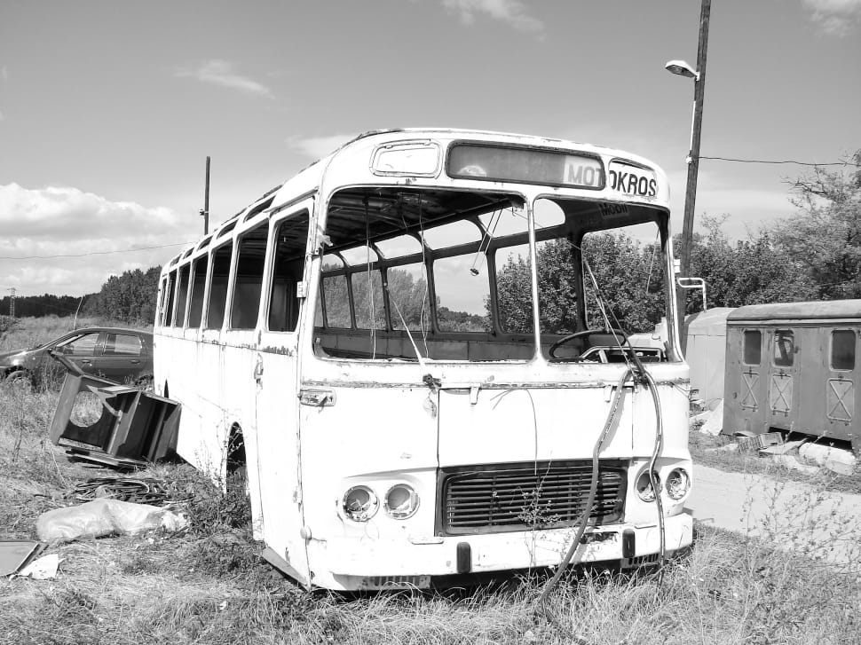 gray scale of white abandoned bus preview