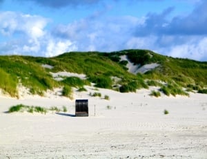black steel container on seashore under white cloudy sky thumbnail