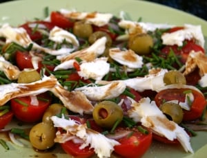photography of tomato salad with olives topped with chicken chunks thumbnail