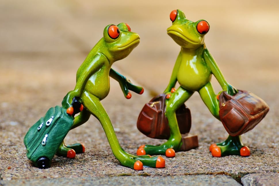 Two figurines of frogs carrying luggage preview