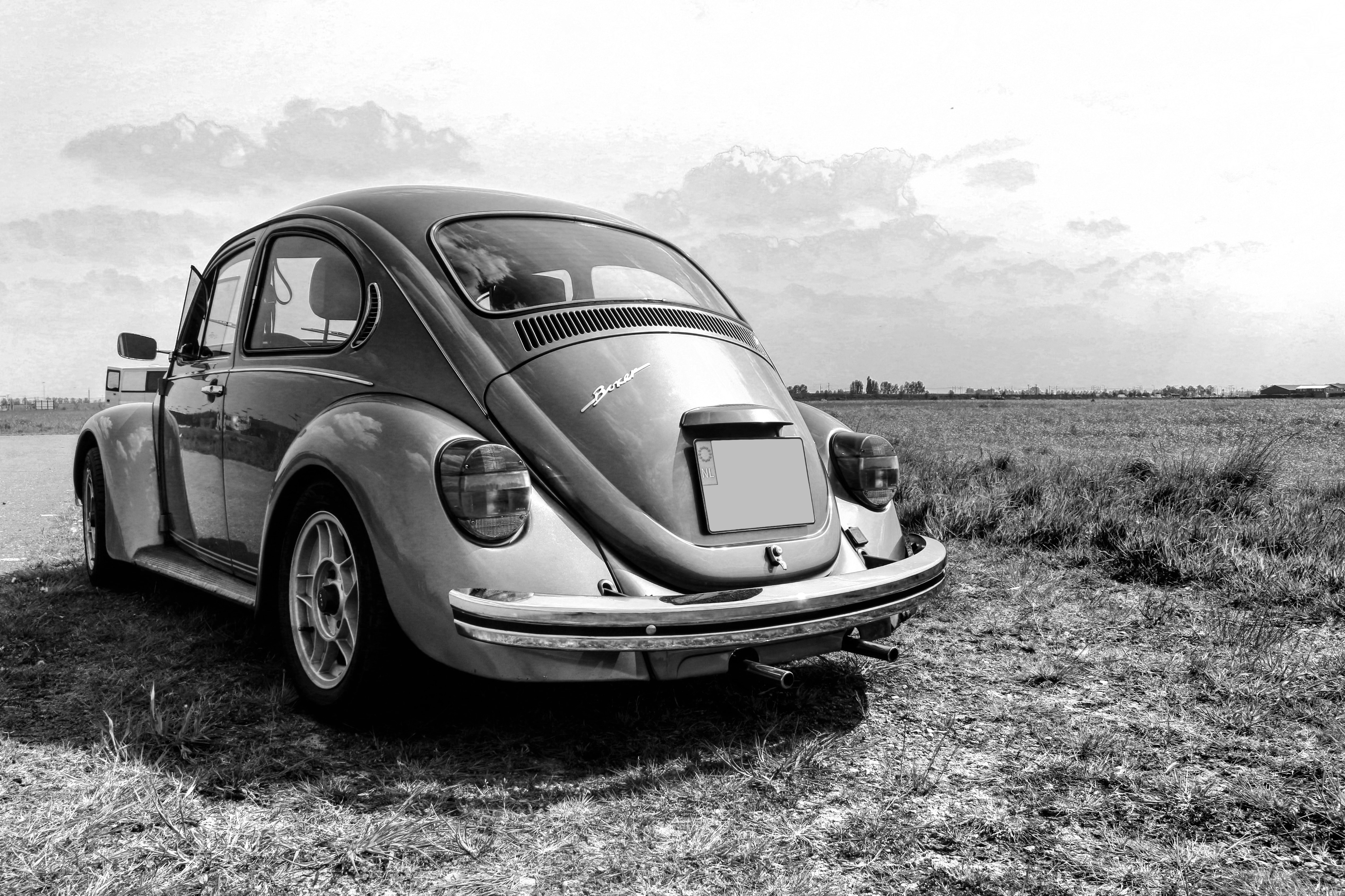 grayscale photo volkswagen beetle