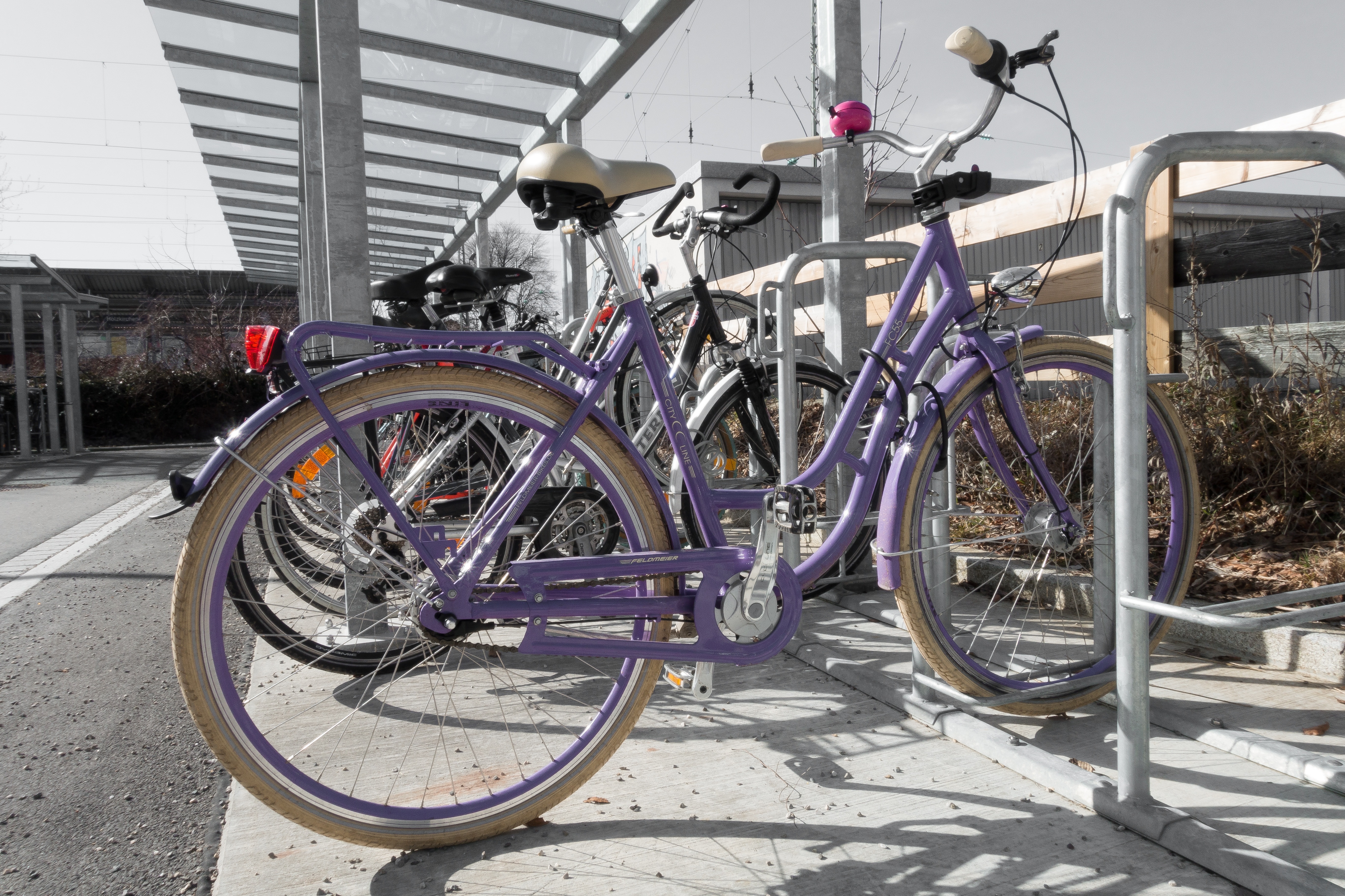 purple step through frame bike