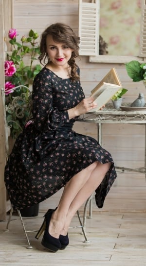 women's black and pink floral long sleeve dress and pair of stilettos outfit thumbnail