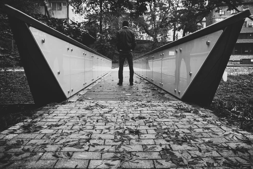 grayscale photo of a man standing in a bridge preview