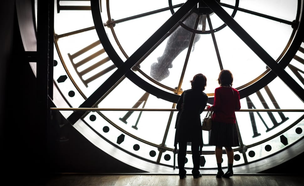 Clock, Museum, Paris, Orsay, two people, silhouette preview