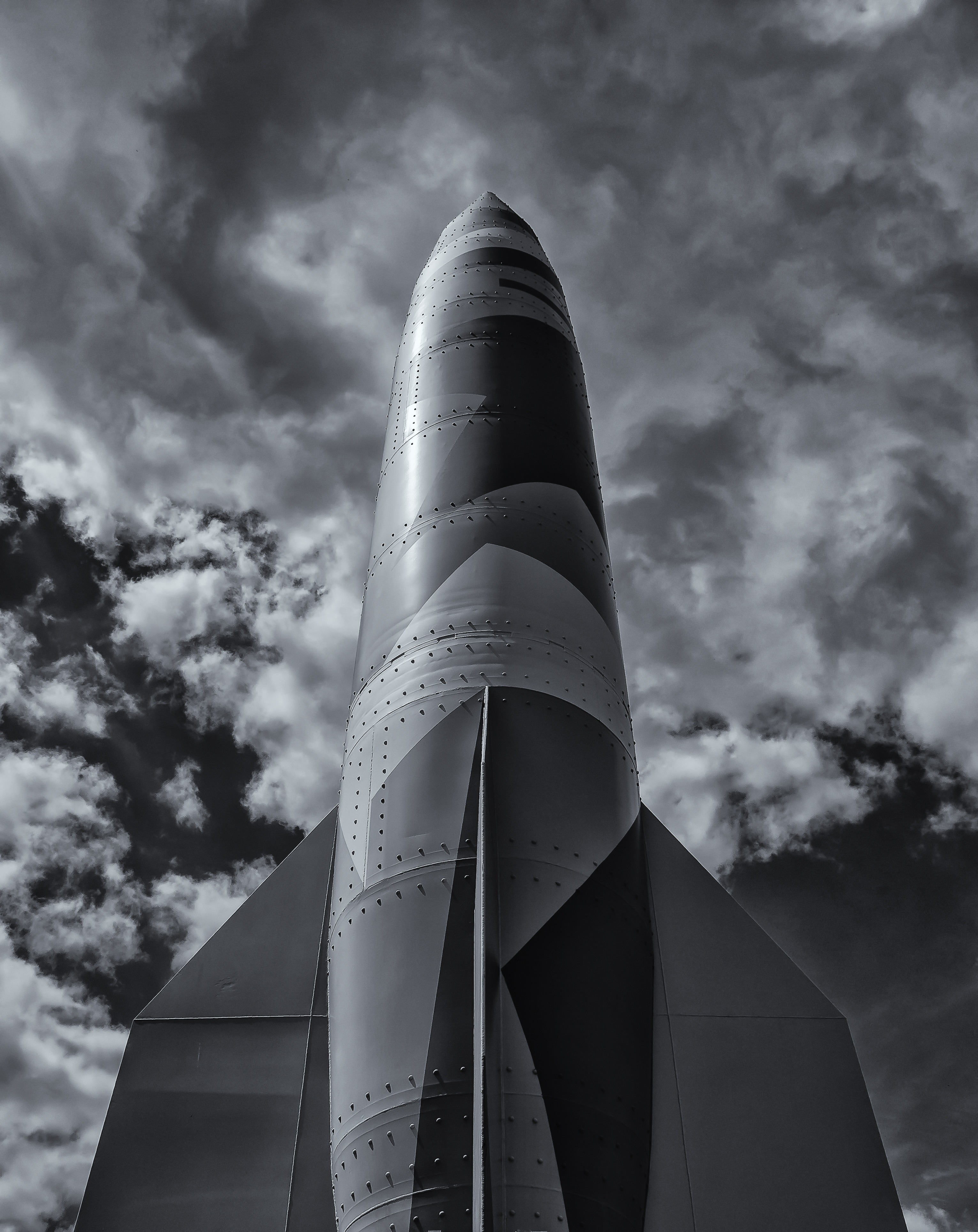 rocket grayscale photo