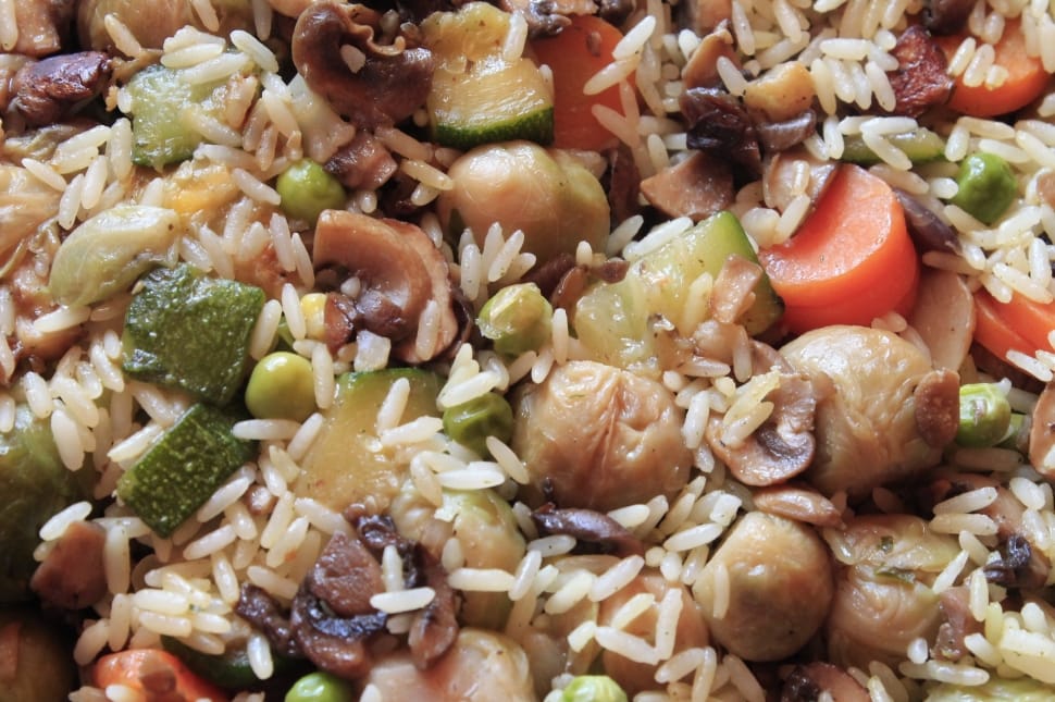 rice, mushroom and sliced vegetable cook dish preview