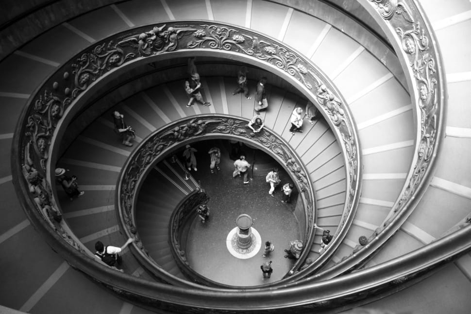 group of people walking on spiral staircase in gray scale photography preview