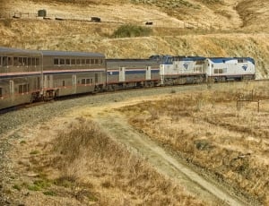 photo of grey and white train near brown sod grass thumbnail