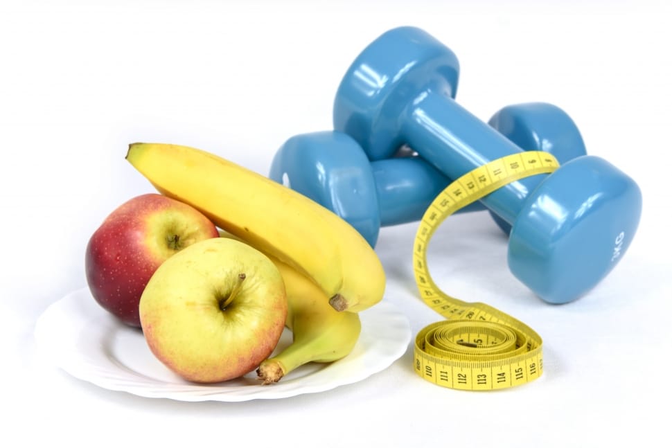 red apple and 2 yellow banana with 2 fix dumbbells preview