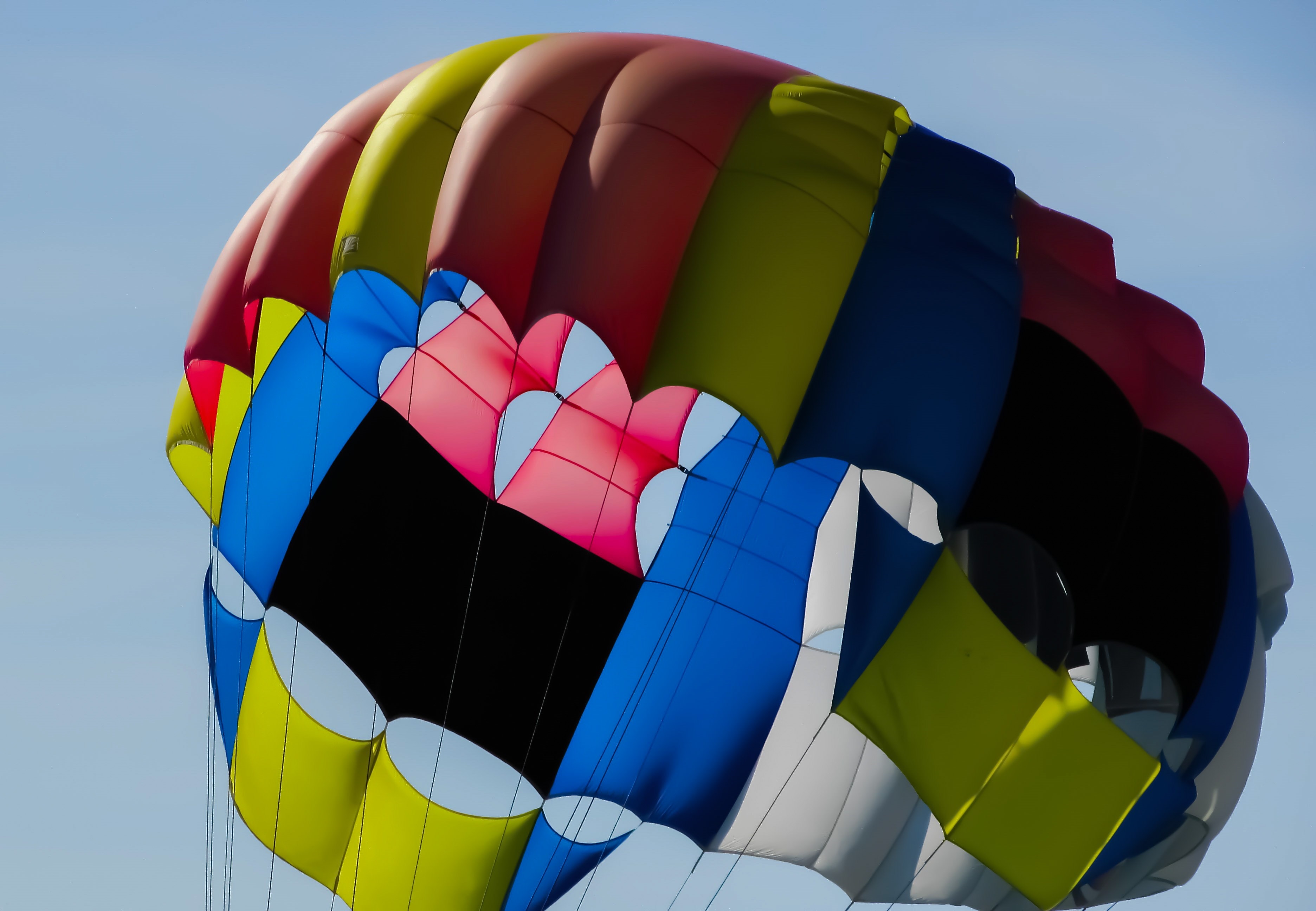 blue, red, and white hot air balloon