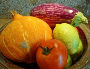 orange tomato, lemon, egg plant, and squash thumbnail