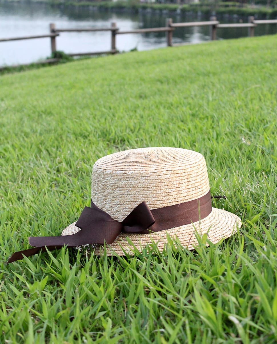 brown and black hat on green grass field preview
