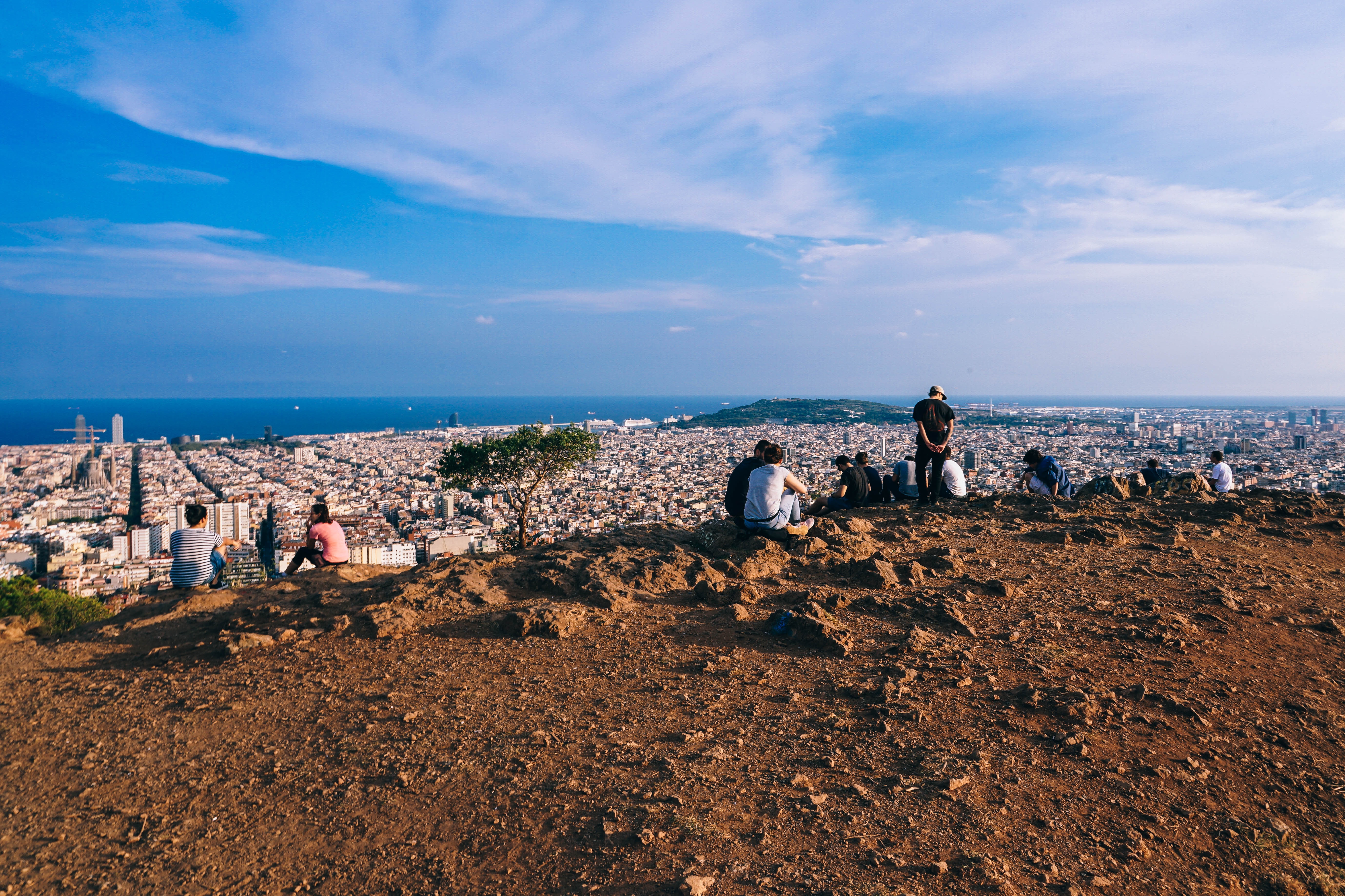 group of people on cliff side with city view during daytime