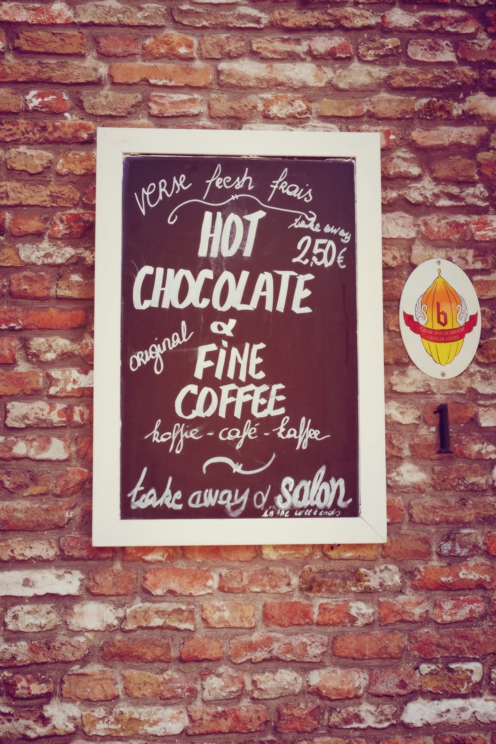 Menu, Signage, Coffee, Chocolate, Sign, text, brick wall preview