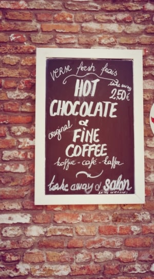 Menu, Signage, Coffee, Chocolate, Sign, text, brick wall thumbnail