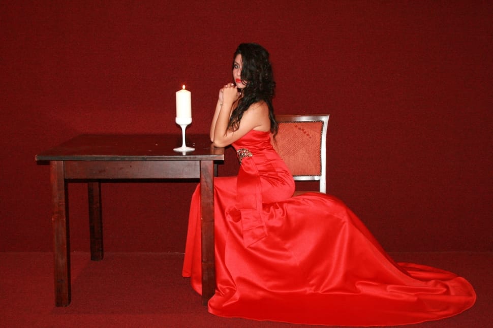 Dress, Table, Red, Girl, Lady In Red, red, evening gown preview