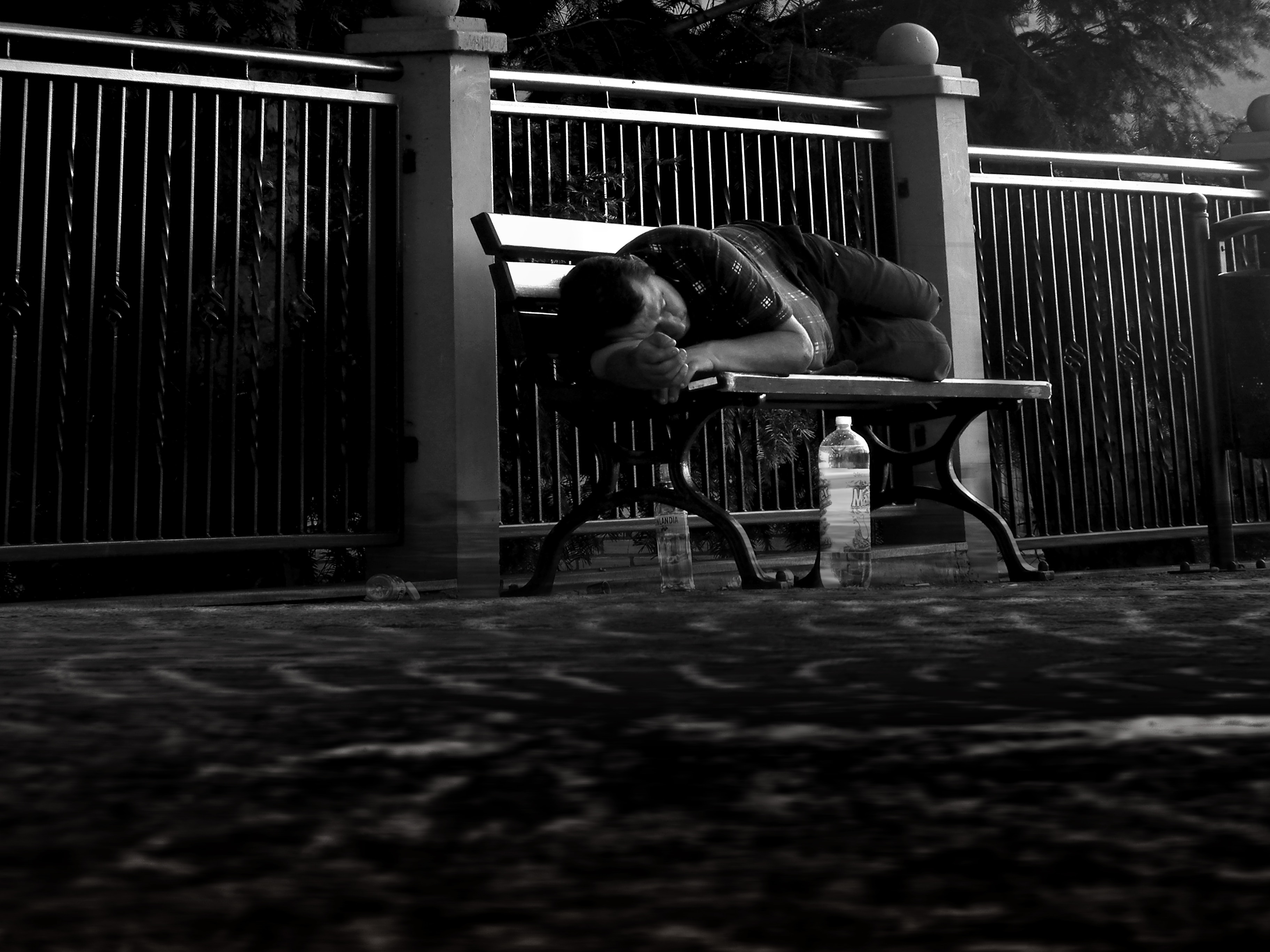 man in black shirt sleeping on brown wooden bench during daytime