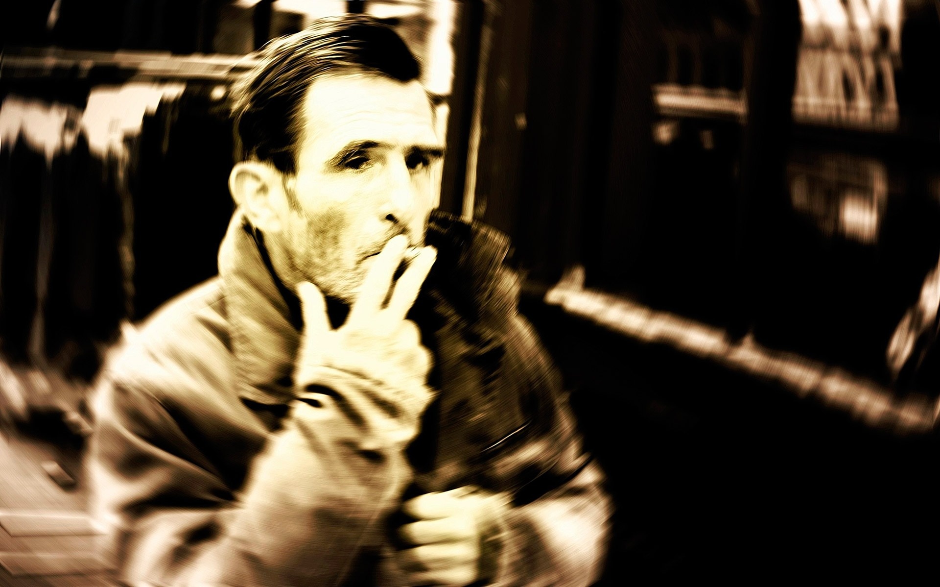 man smoking outside sepia photo