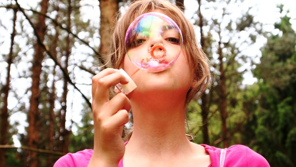 Blow Bubbles, Happy, Girl, Face, Forest, headshot, one person preview